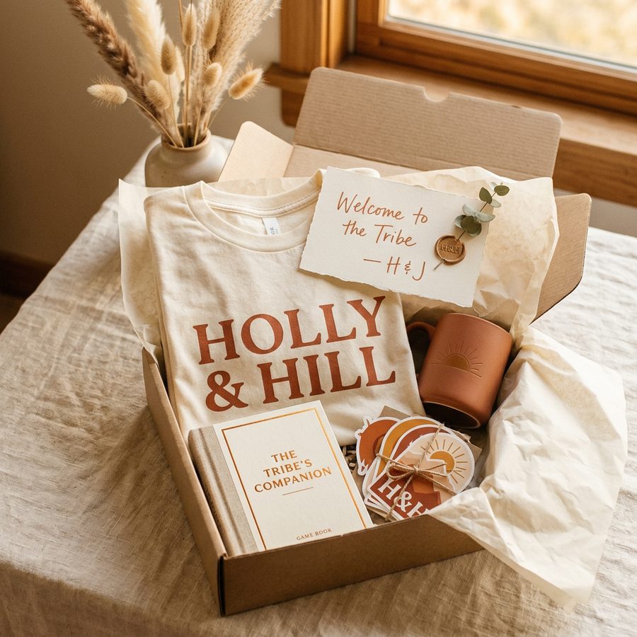 Holly & Hill Welcome Box with t-shirt, mug, journal, and stickers